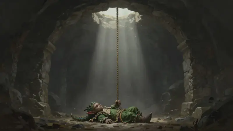 A small goblin in a green dragon costume lying at the foot of a rope on the floor of a stone shaft, still holding the rope, looking up at the daylight far above